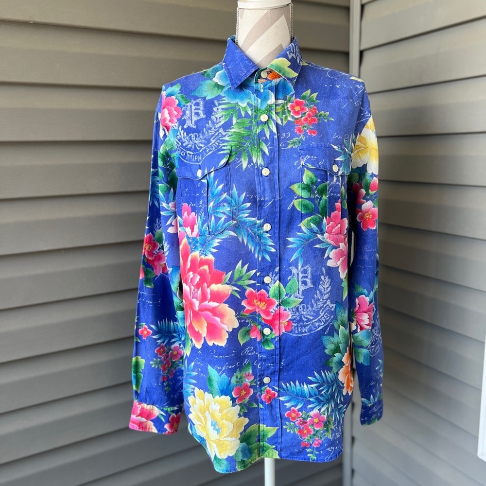 Polo by Ralph Lauren Men's Blue Custom Fit Floral Linen Shirt Sz M